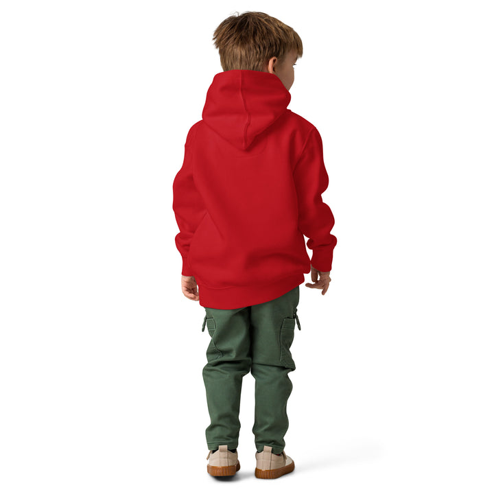 Child wearing a red Oddy Pro Toddler fleece pullover hoodie from the back, styled with green cargo pants.