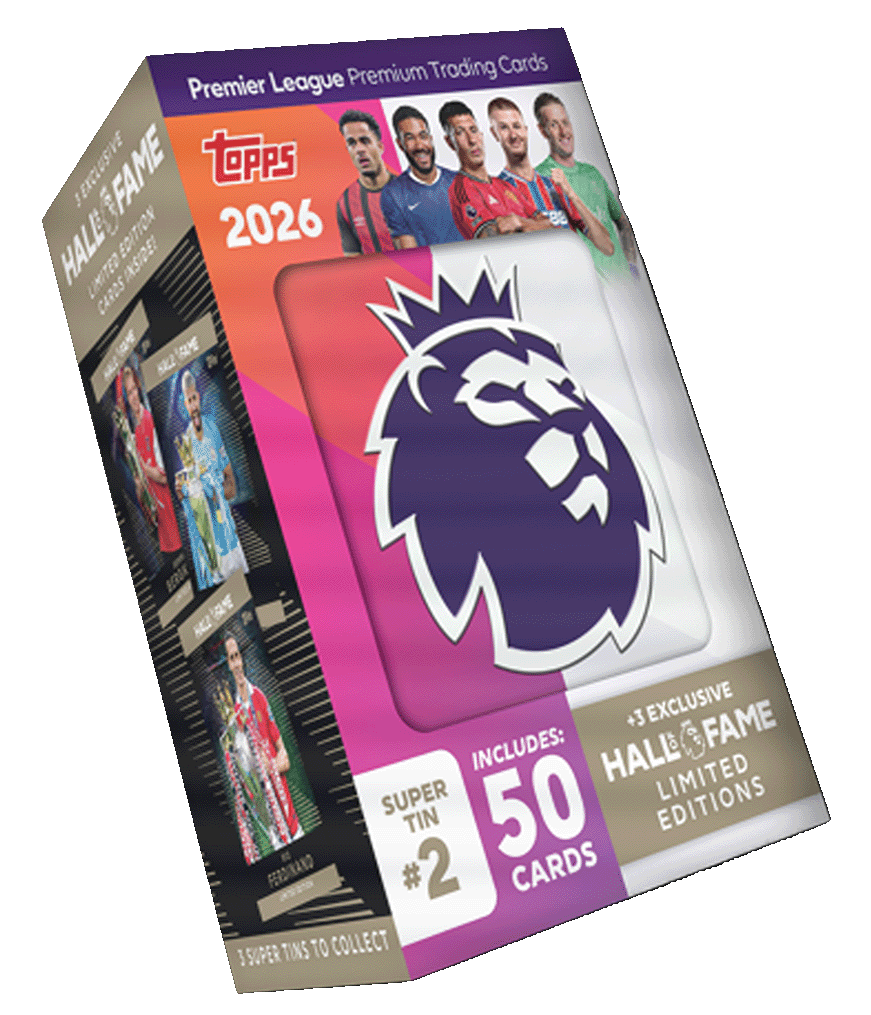 Premier League 2026 Super Tin by Topps, featuring 50 cards and Hall of Fame limited editions.