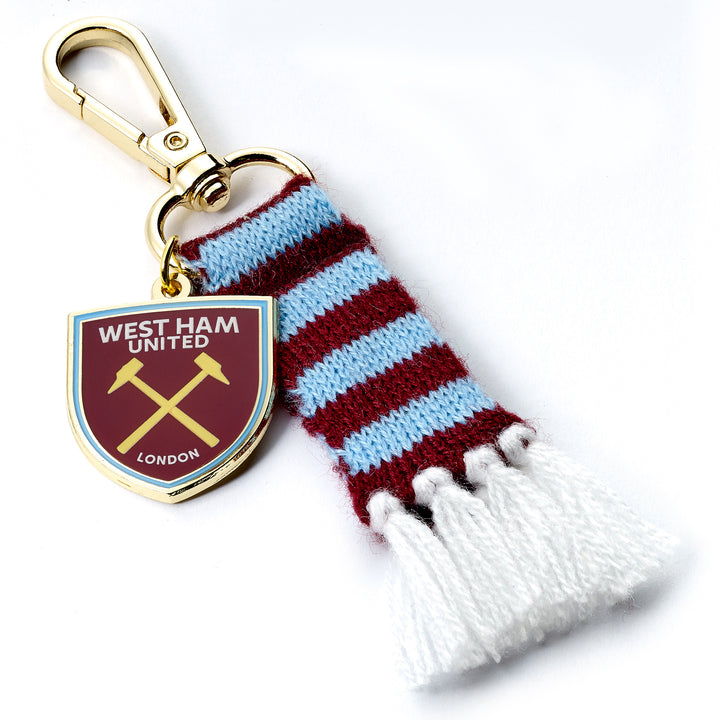 West Ham scarf backpack hanger featuring knitted supporters scarf and West Ham United logo charm.