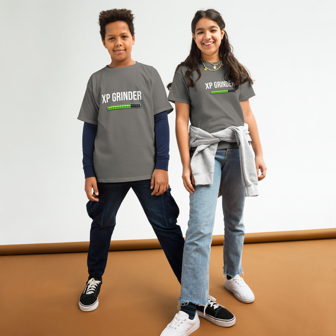 XP Grinder Youth classic tee worn by two kids, showcasing a stylish and comfortable design perfect for daily adventures.