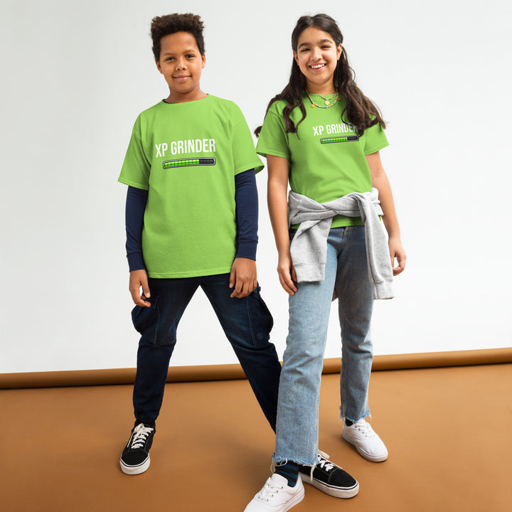 Two kids wearing XP Grinder Youth classic tee in vibrant green, showcasing style and comfort.