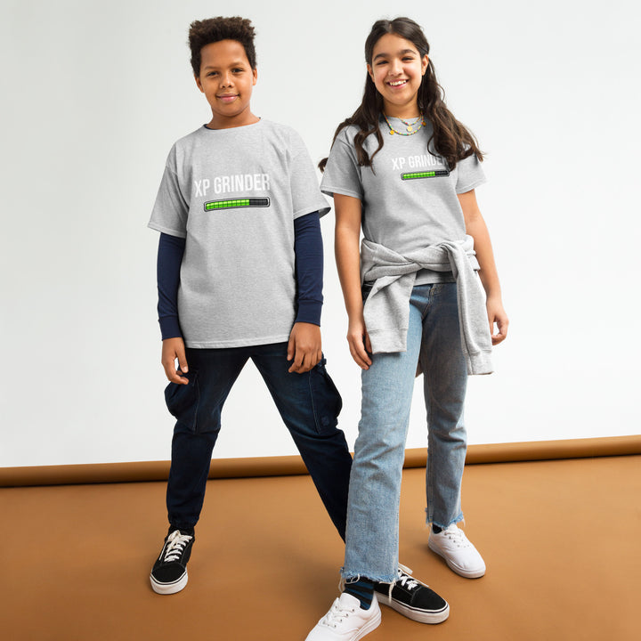 Two kids wearing the XP Grinder Youth classic tee in Sport Grey, showcasing style and comfort.
