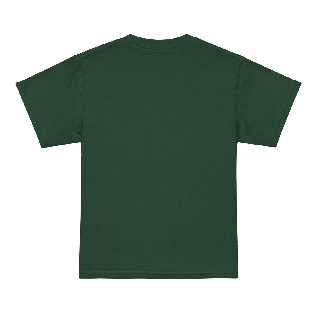 Back view of the XP Grinder Youth t-shirt in green, showcasing its modern fit and classic-width ribbed collar.