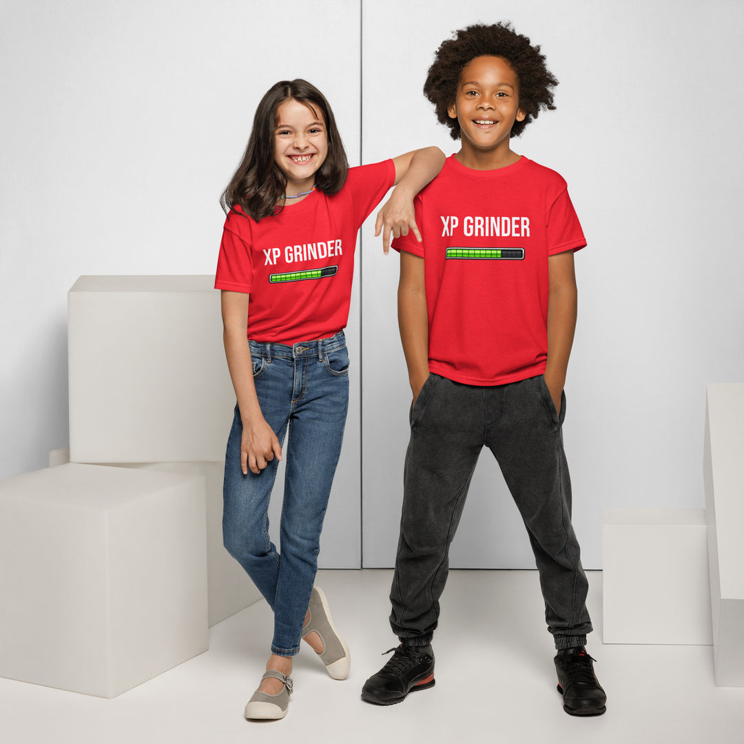 XP Grinder Youth t-shirt worn by two kids, showcasing a modern fit and vibrant design in red.