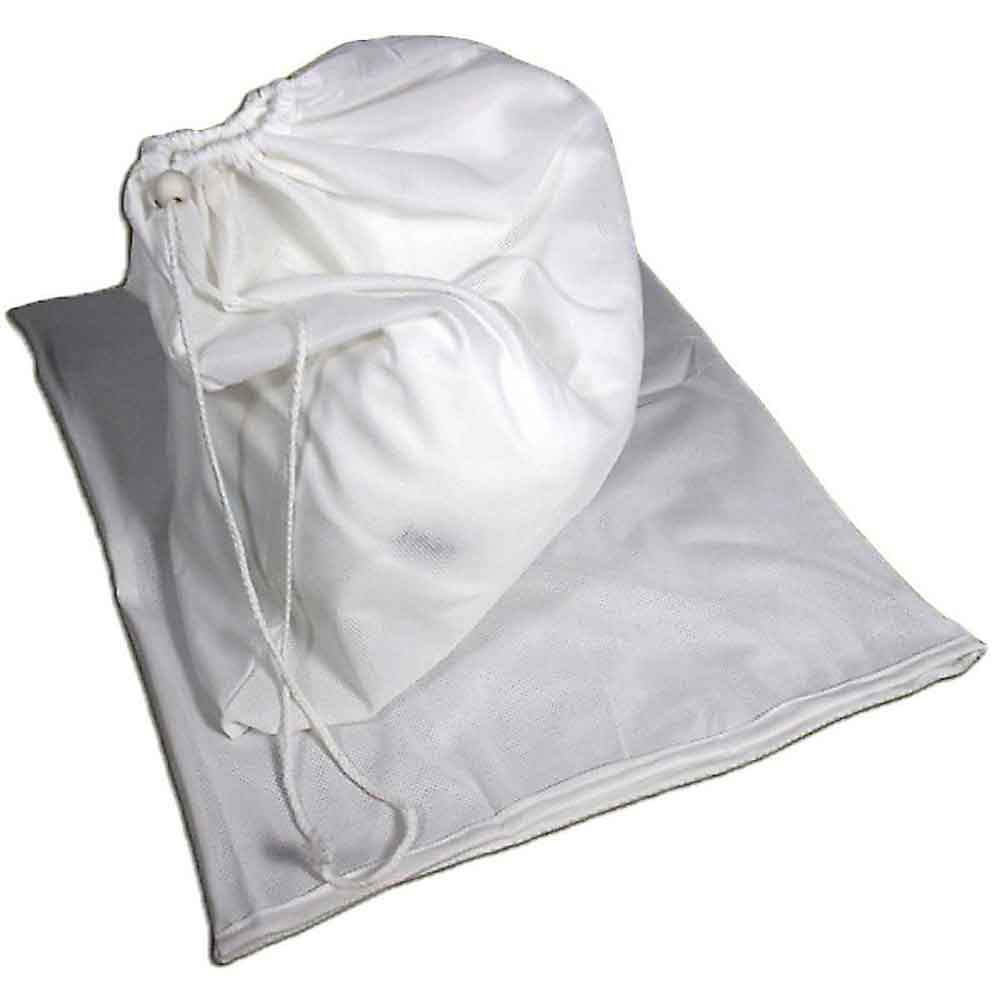 White mesh laundry bags for nappies with drawstring closures.